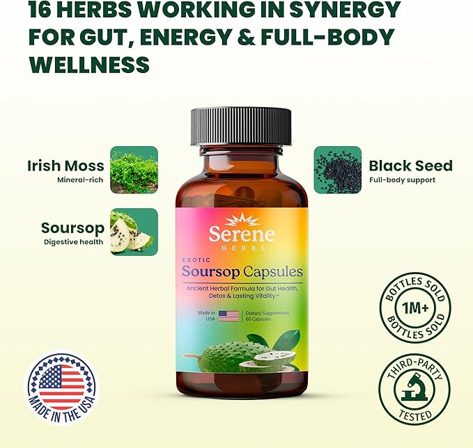 Graviola Soursop Capsules Organic - Guanabana Extract Pills with Black Seed, Irish Moss & Moringa - 16 Herb Daily Supplements & Digestive Support - Vegan, Non-GMO - 7,000 mg - 60 Count