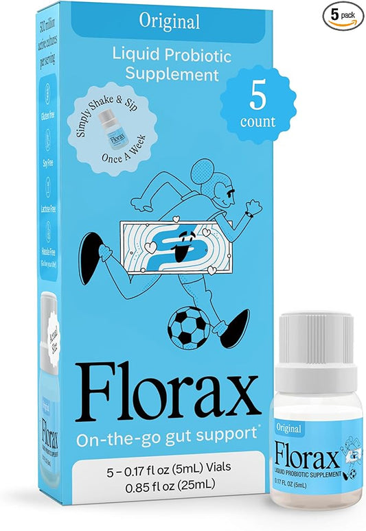 Florax - Liquid Probiotic - On-The-go Gut Support for Women, Men, and Children - Vegan, Gluten Free, Lactose Free, Soy Free and Preservative Free - Original Flavor - 5 Vials