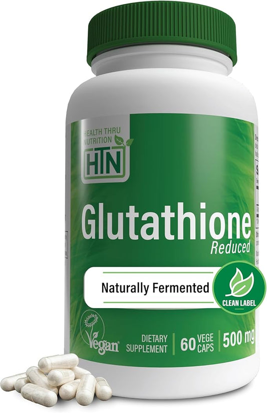 Health Thru Nutrition Glutathione Reduced 500mg Vegecaps | Vegan Certified | Fermented | Non GMO and Hypoallergenic | Master Antioxidant | Healthy Skin and Cellular Aging Support (Pack of 60)