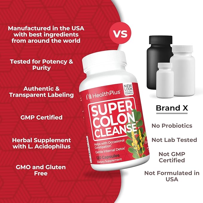 Health Plus Super Colon Cleanse 10 Day Gentle Gut Cleanse Detox, Psyllium Husk, Probiotics for Constipation Relief & Digestive Support, 120 Capsules-SeraviaPure