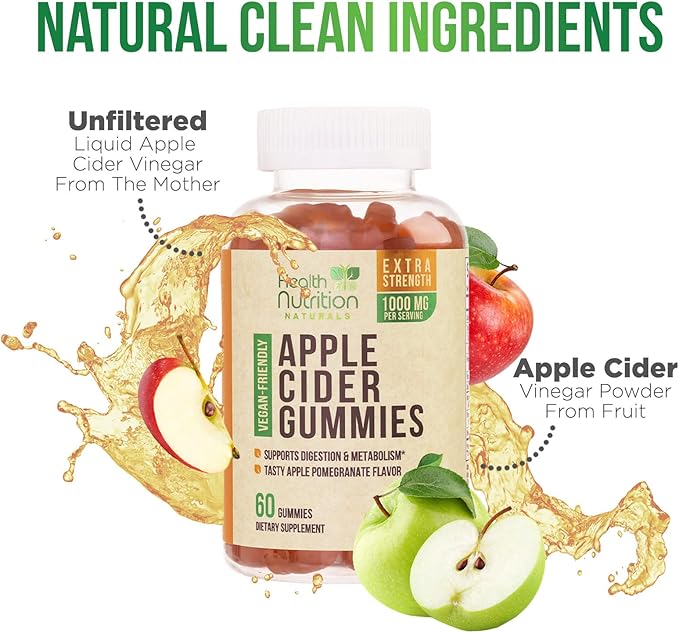 Vegan Apple Cider Vinegar Gummies | Max Strength 1000mg | ACV Supplement Gummy Vitamins for Adults, Supports Digestion, Metabolism, Natural Apple Flavor with Mother, Gluten Free, Non-GMO - 60 Gummies-SeraviaPure