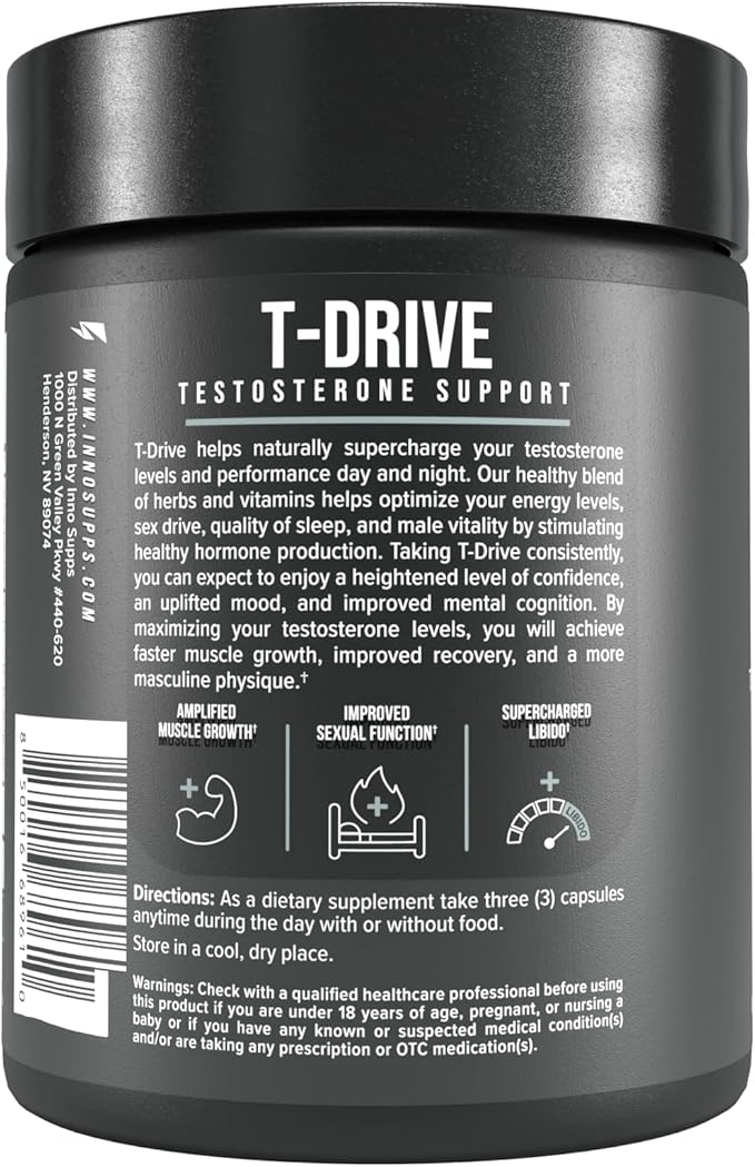 InnoSupps : T-Drive | Testosterone Booster | Amplify Muscle Growth | KSM-66 Ashwagandha, Boron, Fenugreek | 90 Capsules-SeraviaPure