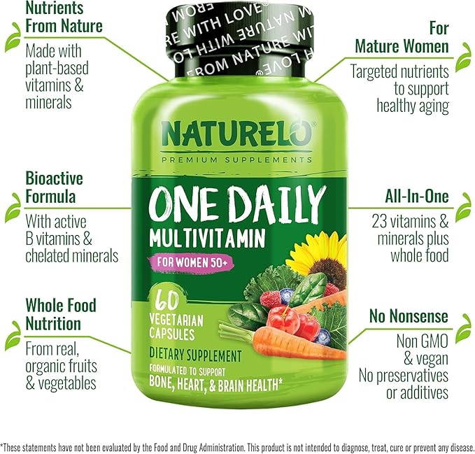NATURELO One Daily Multivitamin for Women 50+ (Iron Free) - Menopause Support for Women Over 50 - Whole Food Supplement - Non-GMO - No Soy - 60 Capsules - 2 Month Supply-SeraviaPure
