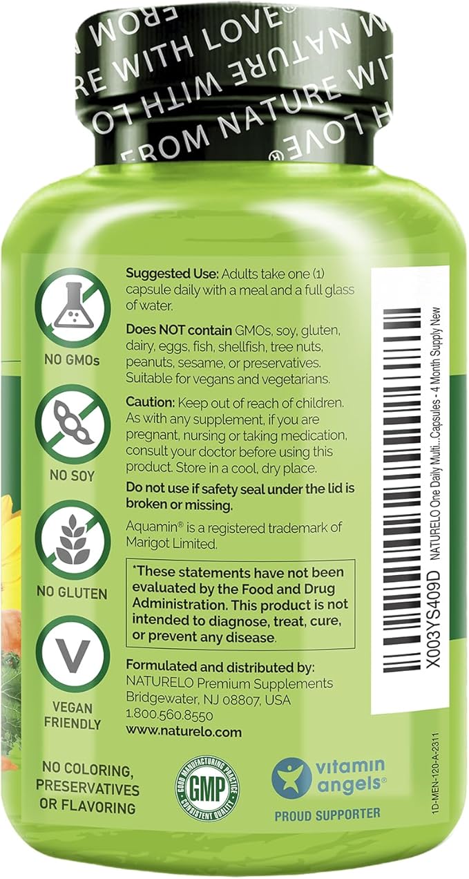 NATURELO Mens Multivitamins - One Daily Multivitamin for Men with Vitamins, Minerals & Organic Whole Foods, Boost Energy & Health, Non-GMO, 120 Vegetarian Capsules-SeraviaPure