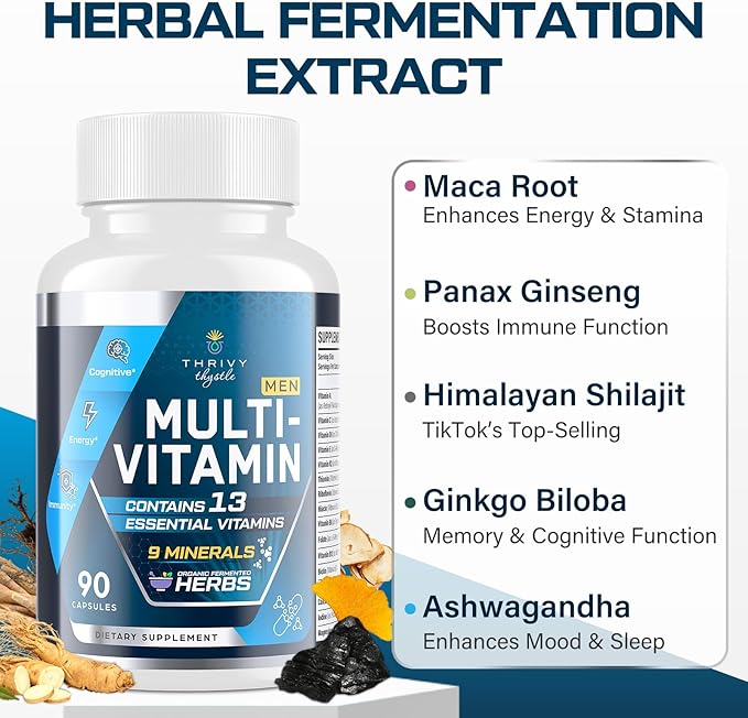 Mens Multivitamins 50 plus - Daily Multivitamin for Men with Fermented Herbal Extracts & 43 Nutrients - Mens Vitamins Multivitamin Supports Memory & Brain, Energy, Bone Health - Supports for Men 18+-SeraviaPure