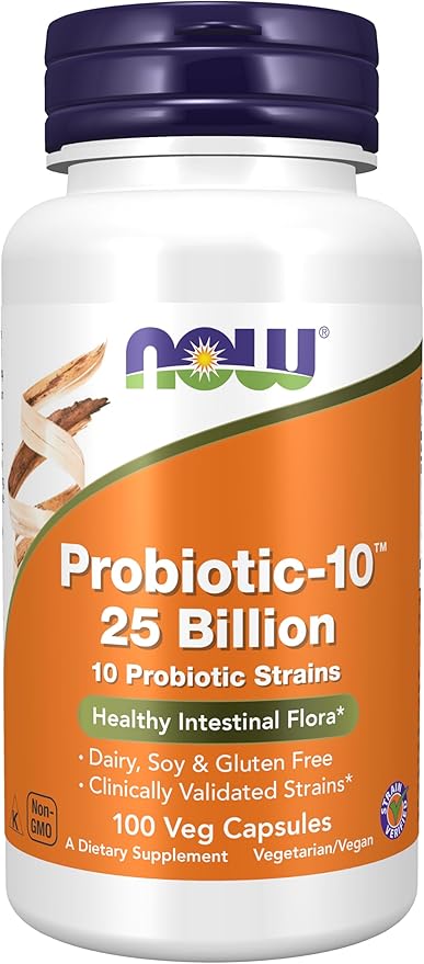 NOW Foods Supplements, Probiotic-10™, 25 Billion, with 10 Probiotic Strains, Dairy, Soy and Gluten Free, Strain Verified, 100 Veg Capsules-SeraviaPure