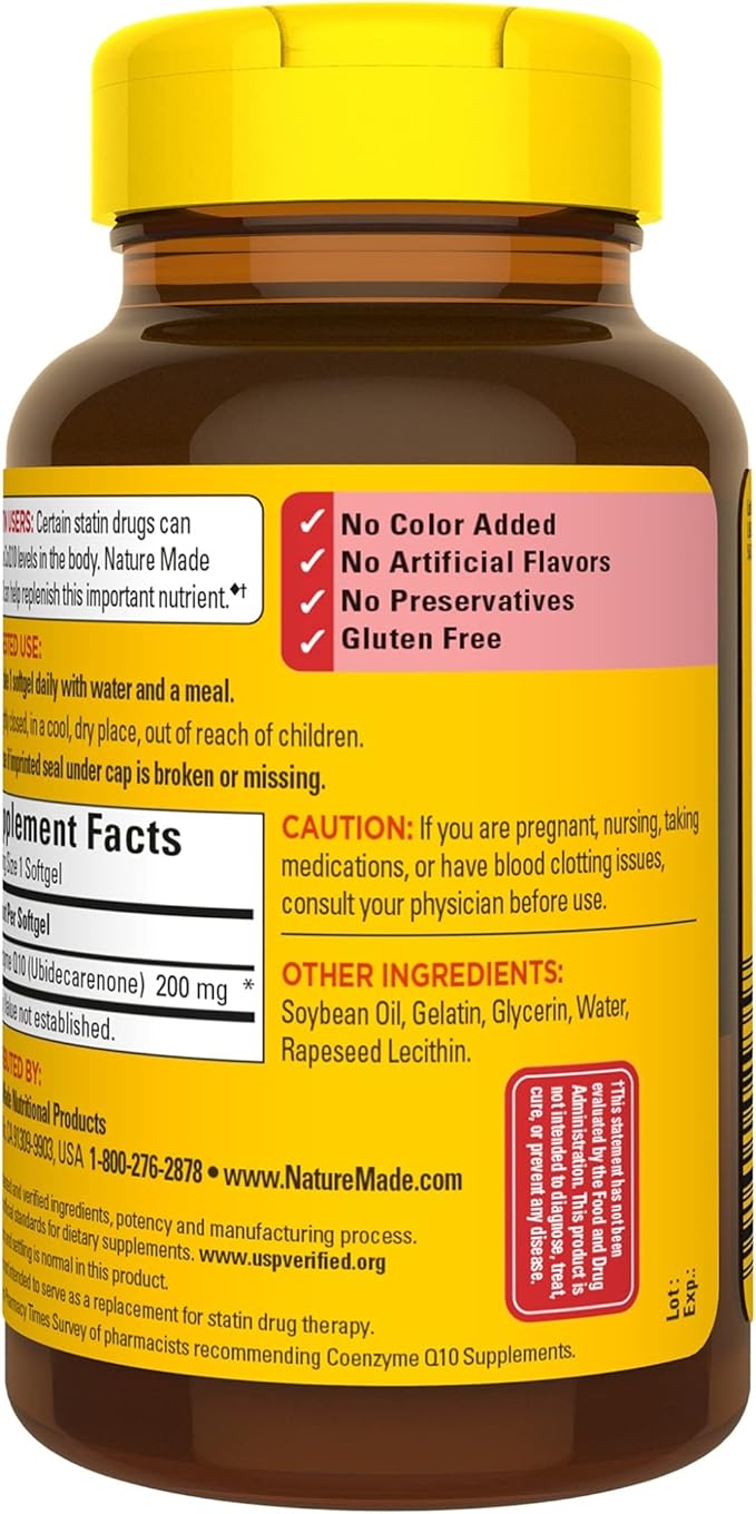 Nature Made CoQ10 200 mg, Dietary Supplement for Heart Health and Cellular Energy Production, 100 Softgels, 100 Day Supply-SeraviaPure