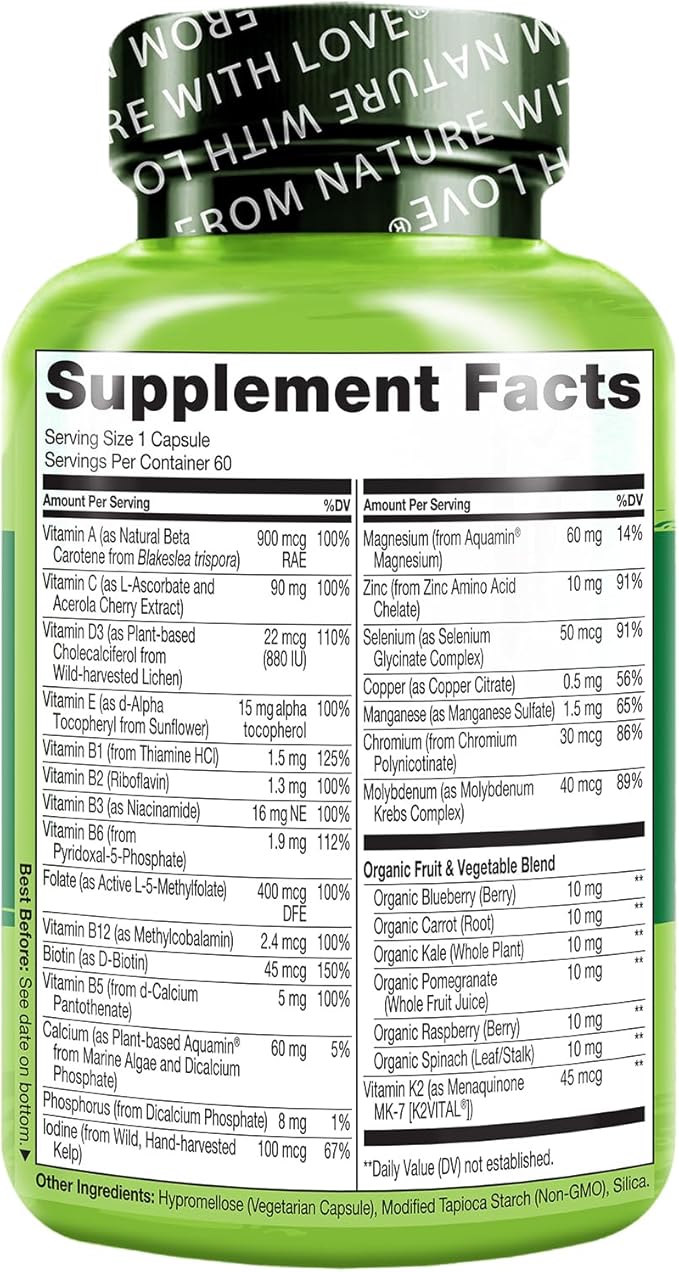 NATURELO One Daily Multivitamin for Women 50+ (Iron Free) - Menopause Support for Women Over 50 - Whole Food Supplement - Non-GMO - No Soy - 60 Capsules - 2 Month Supply-SeraviaPure