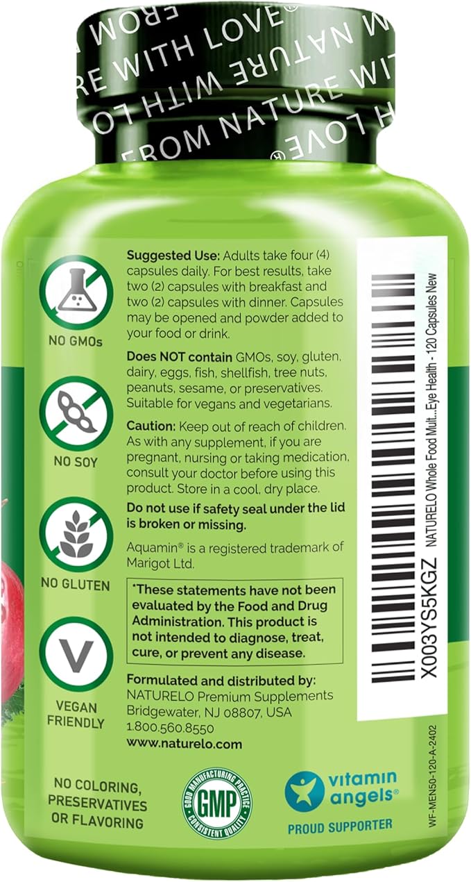 NATURELO Whole Food Multivitamin for Men 50+ - with Vitamins, Minerals, Organic Herbal Extracts - Vegan Vegetarian - for Energy, Brain, Heart and Eye Health - 120 Capsules-SeraviaPure