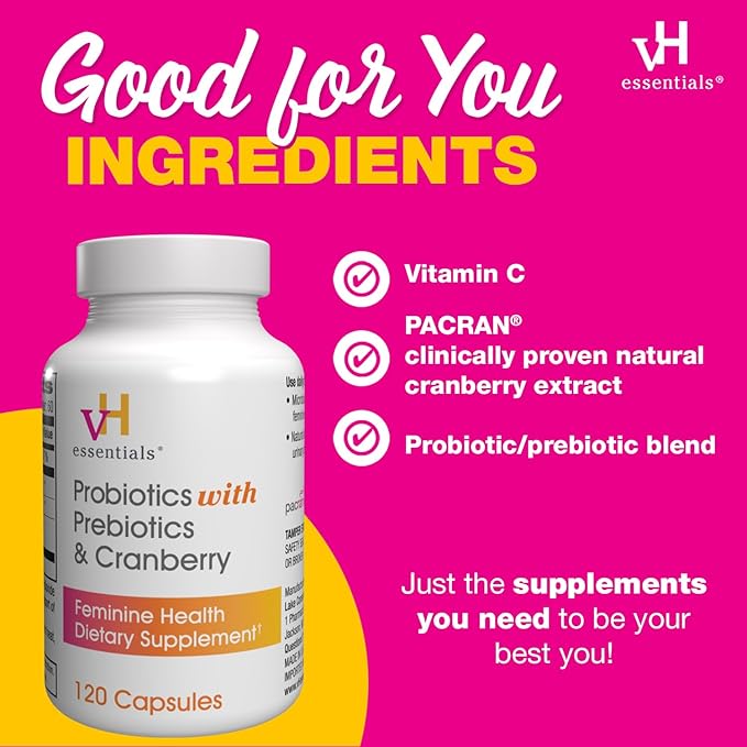 vH essentials Probiotics for Women with Prebiotics, Cranberry & Vitamin C - 120 Capsules (60 Day Supply) -Probiotics Support Gut Balance, Health & Urinary Tract Health for Women-SeraviaPure