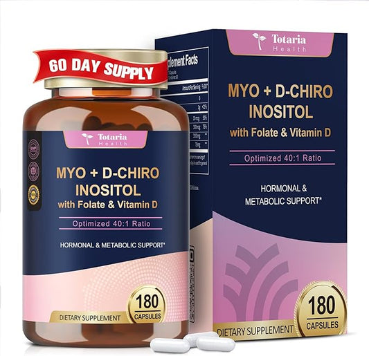 Inositol Supplement for Women with Vitamin D3, Folate, 40:1 Ratio Myo-Inositol & D-Chiro Inositol Complex, (Vitamin B8) Inositol Capsules, 180 Capsules, 60 Servings, 2 Month Supply-SeraviaPure