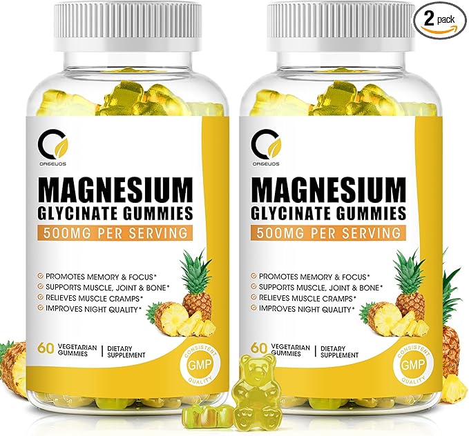 (2 Pack) Magnesium Glycinate Gummies 500mg, High-Absorption Magnesium Supplement with Calcium & Vitamins, Support Bone, Muscle, Night, Memory & Mood, Vegan, Non-GMO, 60 Counts, Pineapple Flavor