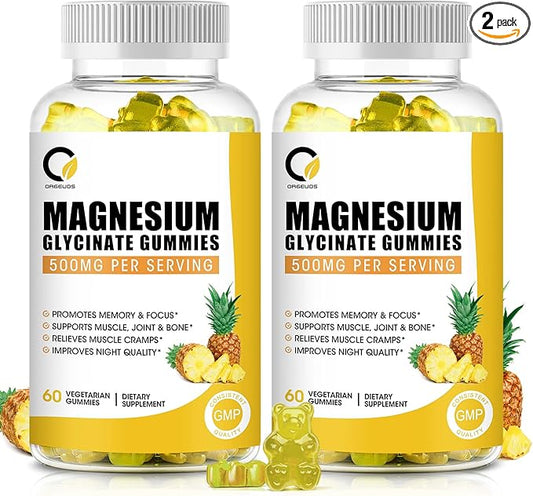 (2 Pack) Magnesium Glycinate Gummies 500mg, High-Absorption Magnesium Supplement with Calcium & Vitamins, Support Bone, Muscle, Night, Memory & Mood, Vegan, Non-GMO, 60 Counts, Pineapple Flavor