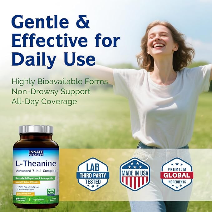 Innate Vitality L-Theanine Supplement 200 mg, Ashwagandha, Magnesium Glycinate, Inositol, Vitamin B6, Non-GMO, Hormone Harmony, Relaxation, Mental Performance and Energy Support, 120 Capsules