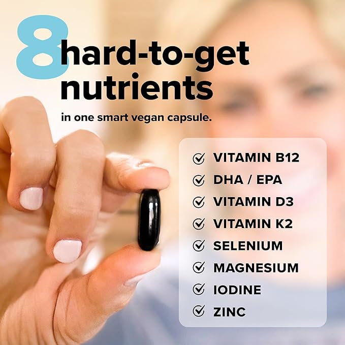 Complement 2 Month Supply Vegan Multivitamins for Women & Men (180 Capsules) Omega 3 DHA+EPA, Vitamin B12, Vitamin D3 K2, Zinc, Selenium, Magnesium, Iodine Supplement- Made in USA, 60 Servings-SeraviaPure