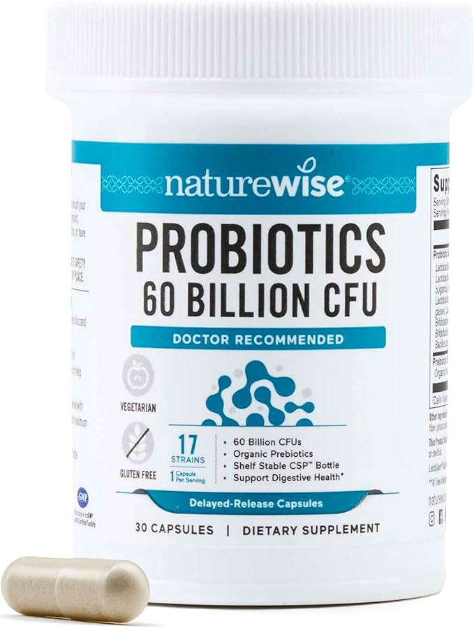 NatureWise Probiotics 60 Billion CFU - 17 Strains + Organic Prebiotics - Immune, Digestive & Gut Health Support for Women & Men - Vegetarian, Gluten-Free, Non-GMO - 30 Capsules[1-Month Supply]-SeraviaPure