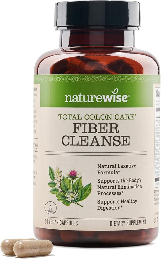 NatureWise Total Colon Care Fiber Cleanse - Natural Laxative Blend - Herbal Laxatives, Prebiotics, & Enzymes for Regularity, Digestion, Weight & Gut Health - Non-GMO - 60 Capsules[30-Day Supply]-SeraviaPure