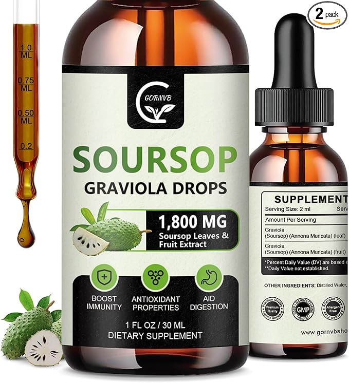 (2 Pack) Soursop Graviola Liquid Drops 1800mg, 98% Absorption Soursop Bitters Liquid for Cell Support & Regeneration, Immune Boost, Relax, Liver and Sleep, Herbal Goodness, Gluten Free, 1 Fl Oz-SeraviaPure