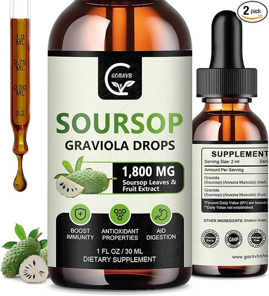 (2 Pack) Soursop Graviola Liquid Drops 1800mg, 98% Absorption Soursop Bitters Liquid for Cell Support & Regeneration, Immune Boost, Relax, Liver and Sleep, Herbal Goodness, Gluten Free, 1 Fl Oz-SeraviaPure