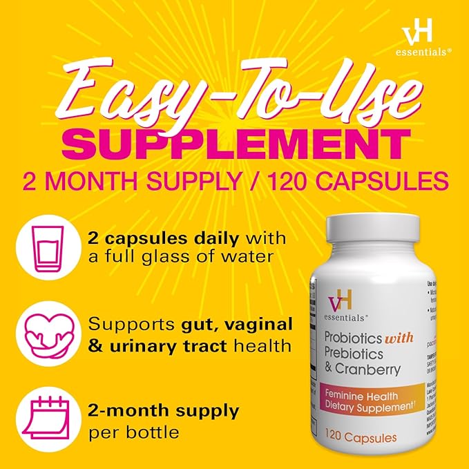 vH essentials Probiotics for Women with Prebiotics, Cranberry & Vitamin C - 120 Capsules (60 Day Supply) -Probiotics Support Gut Balance, Health & Urinary Tract Health for Women-SeraviaPure