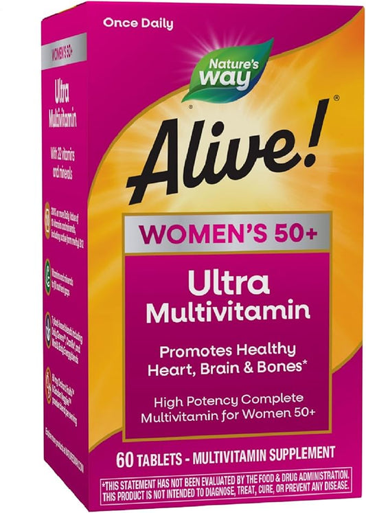 Nature’s Way Alive! Women’s 50+ Ultra Potency Complete Multivitamin, High Potency Formula, Promotes Healthy Heart, Brain, Bones*, with Methylated B12, Gluten-Free, 60 Tablets (Packaging May Vary)-SeraviaPure