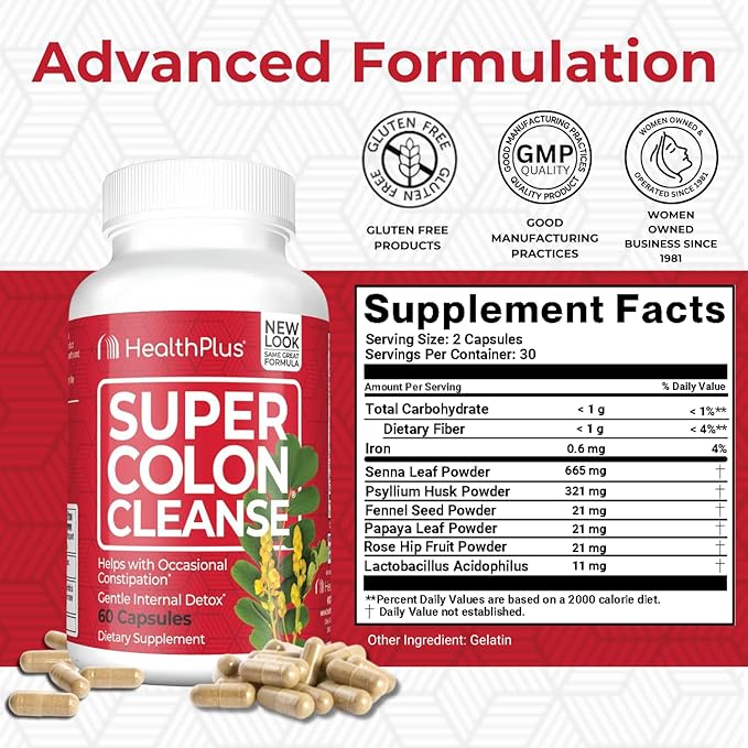 Health Plus Super Colon Cleanse 10 Day Gentle Gut Cleanse Detox, Psyllium Husk, Probiotics for Constipation Relief & Digestive Support, 60 Capsules-SeraviaPure