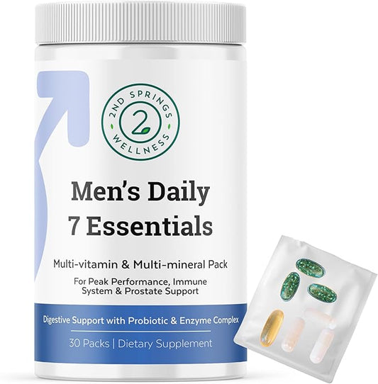 Daily 7 Essentials Men's Vitamin Pack - 7 Pack Adult Male Multivitamin & Multimineral Pack for Energy, Metabolism, Immune System Support, Prostate Support with Probiotic, Digestive Enzymes-SeraviaPure