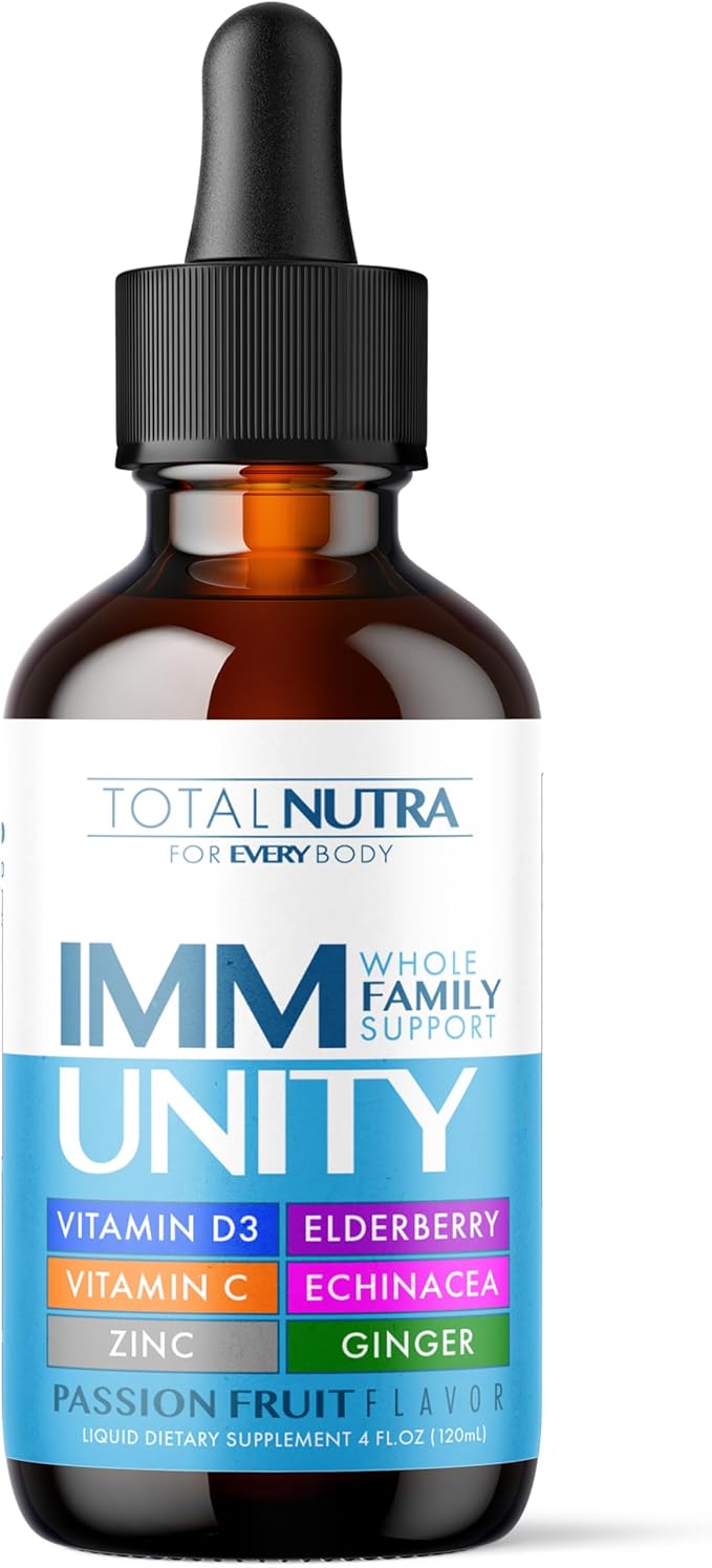 Total Immune 6-in-1 Liquid Multivitamin Supplement | 100% Daily Zinc, Vitamin D3, Vitamin C Immunity Drops Vitamin Liquid | Elderberry, Echinacea, Ginger Support for Adults & Kids | 4 oz Passion Fruit-SeraviaPure