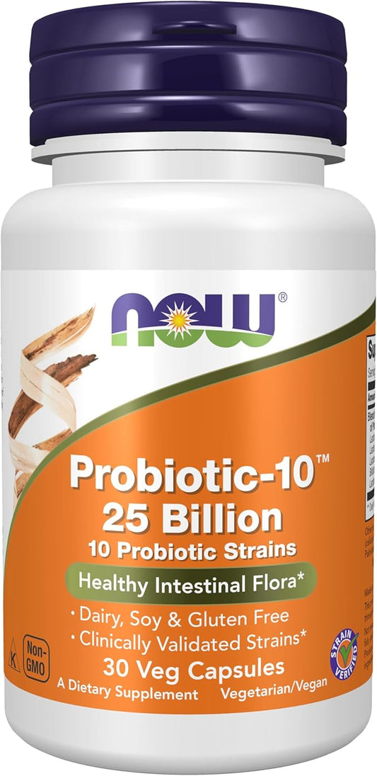 NOW Foods Supplements, Probiotic-10™, 25 Billion, with 10 Probiotic Strains, Dairy, Soy and Gluten Free, Strain Verified, 30 Veg Capsules-SeraviaPure