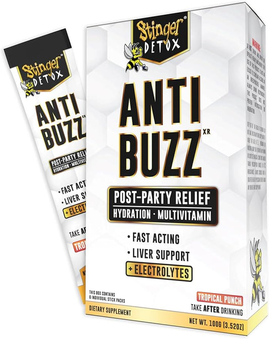 Stinger Detox Anti-Buzz Post-Celebration, Hydration & Multivitamin Packet Drink Mix | DHM, VIT. B Complex, Riboflavin, Niacin + Electrolytes | Tropical Punch 1 Pack (6 Servings)-SeraviaPure