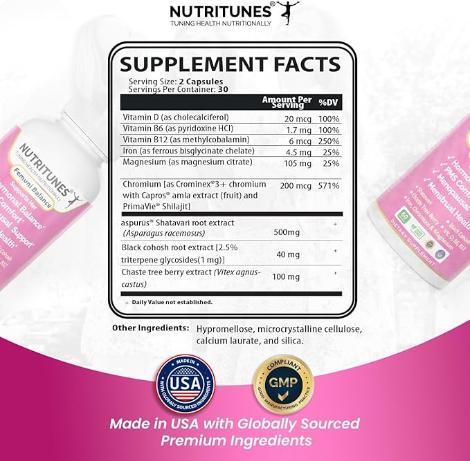 Black Cohosh & Vitex (Chasteberry), Shatavari–Menopause & PMS Support Supplements for Women with Hormone Balance Support – Femuni Balance – 60 Vegan Capsules