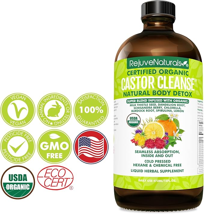 RejuveNaturals Castor Cleanse™ - USDA Organic Castor Oil, Chlorella, Spirulina, Roots & Greens for Wellness, Digestive Support, Daily Balance. 3-Month Supply Gut Cleanse Detox for Women & Men - 16oz.-SeraviaPure