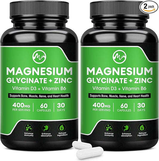 (2 Pack) Magnesium Glycinate Capsules, Magnesium Supplement 400 mg with Zinc,Vitamin D3 & B6 - Highly Bioavailable and Absorption - Bone,Heart,Joint,Immune Support - 120 Vegan Capsules for Women & Men-SeraviaPure