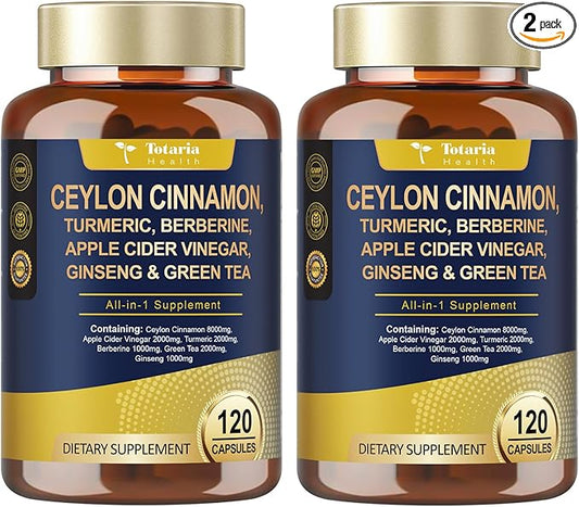 (2 Packs) 18-in-1 Organic Ceylon Cinnamon Capsules 20:1 Extract, Powerful Ceylon Cinnamon Berberine Supplement w/Apple Cider Vinegar Turmeric Bitter Melon, for Metabolism, Heart, Energy, Non-GMO