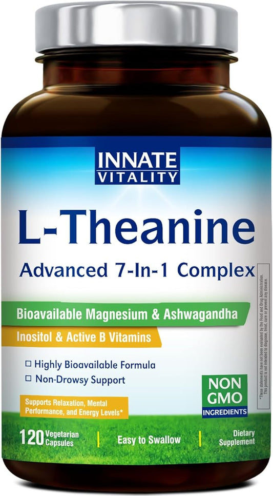 Innate Vitality L-Theanine Supplement 200 mg, Ashwagandha, Magnesium Glycinate, Inositol, Vitamin B6, Non-GMO, Hormone Harmony, Relaxation, Mental Performance and Energy Support, 120 Capsules