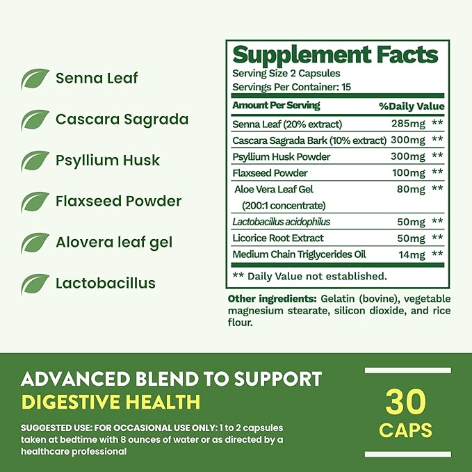 15 Day Advanced Colon Cleanse, Probiotics & Natural Herbs, Supports Detox & Gut Flora for Women & Men, with Cascara Sagrada, Psyllium Husk & Senna Leaf, 30 Capsules 1-2 Daily | 15 Day Cleanse-SeraviaPure