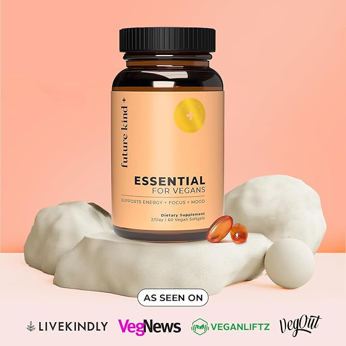 Future Kind Vegan Multivitamins - Glass Bottle & Made for Vegans w/Omega 3 DHA+EPA, Vitamin B12 & D3 - Vegan Vitamin for Energy, Focus, & Mood - Vegan Vitamins for Women & Men, 60 Tiny Softgels-SeraviaPure