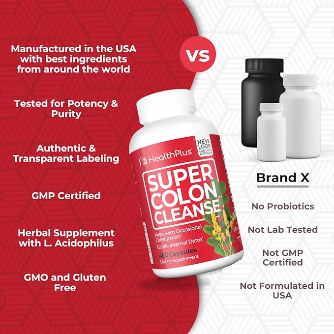 Health Plus Super Colon Cleanse: 10-Day Cleanse -Detox 12 Cleanses, 480 Capsules-SeraviaPure