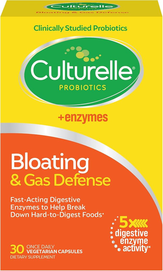 Culturelle Bloating & Gas Defense, Digestive Enzymes & Probiotics for Digestive Health, 30 Capsules, Supports Occasional Indigestion & Discomfort-SeraviaPure