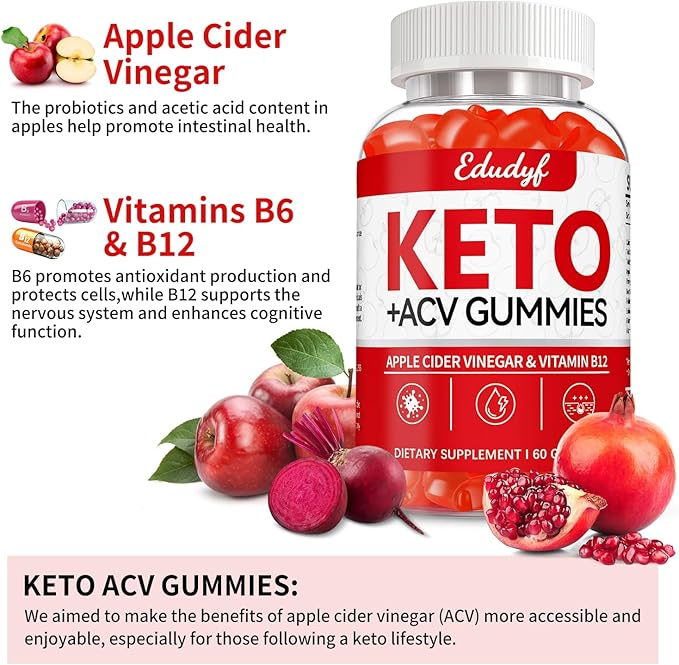 EDUDYF Keto ACV Gummies - 60 Count Gluten-Free, Gelatin-Free Apple Cider Vinegar Gummies with B12 for Keto Support, Vegetarian, Unique Flavor, Convenient Bottled Supplement for Men & Women-SeraviaPure