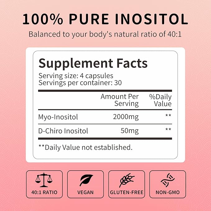 Inositol Supplement - Myo-Inositol & D-Chiro Inositol 40:1 Ratio for Hormonal Balance, Ovarian Function & Cycle Support, Vitamin B8, 120 Vegan Capsules, 30-Day Supply-SeraviaPure