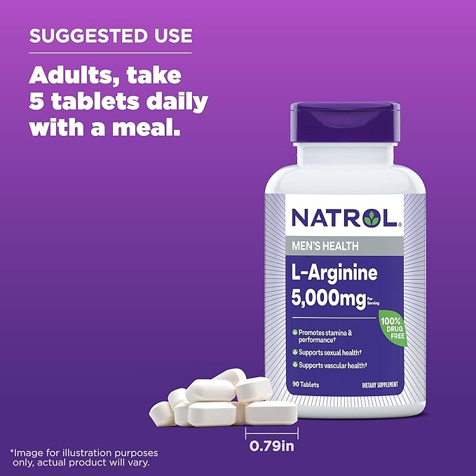 Natrol L-Arginine 5,000 mg, Dietary Supplement for Men's Health, L-Arginine Supplement, 90 Tablets, 18 Day Supply-SeraviaPure