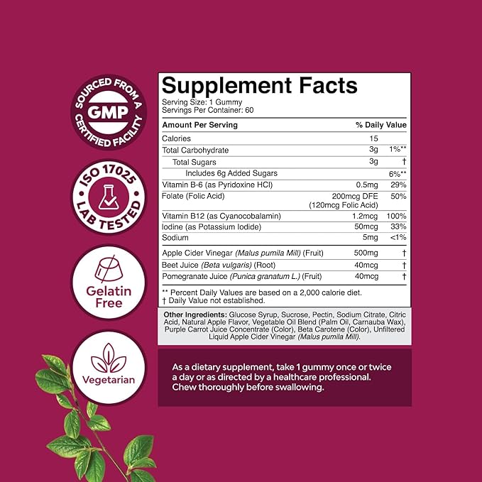 Apple Cider Vinegar ACV Gummies - Gut Health & Natural Energy Supplement with Vitamin B6 B12 Beet Root and Pomegranate - Apple Cider Vinegar with Mother Body Cleanse Detox for Women & Men 60 Servings-SeraviaPure