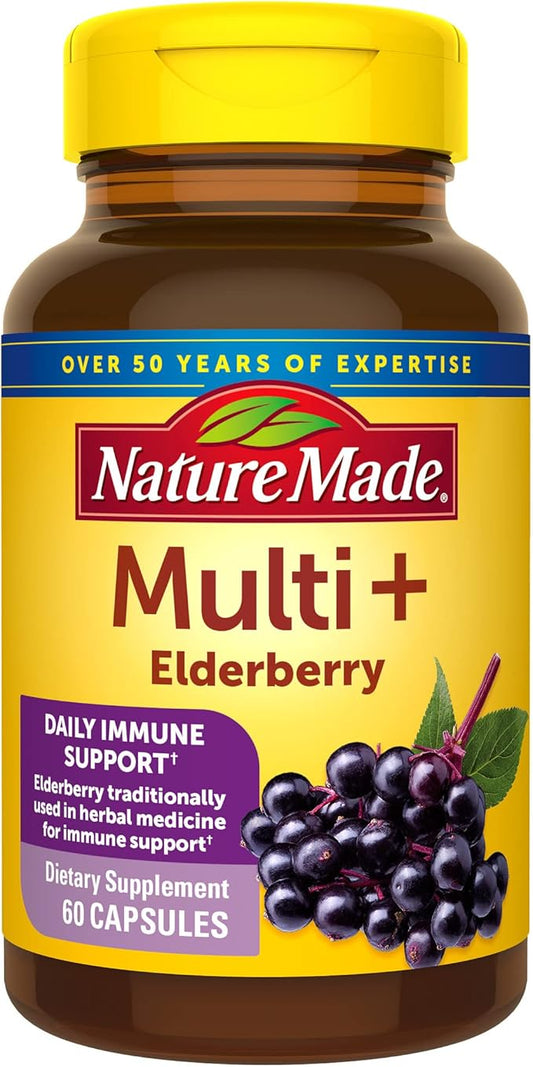 Nature Made Multi + Elderberry Capsules, Multivitamin for Daily Immune Support, One Per Day Multivitamin, 60 Count-SeraviaPure