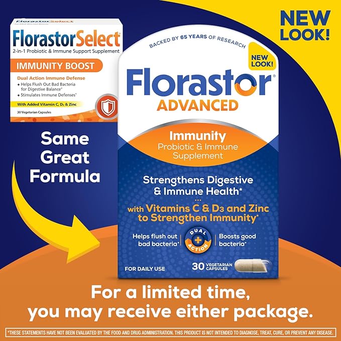 Florastor Select Immunity Boost Daily Probiotic & Immune Support Supplement for Women and Men, Saccharomyces Boulardii CNCM I-745 Plus Zinc, Vitamin C & D3 (30 Capsules)-SeraviaPure