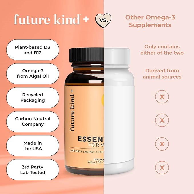 Future Kind Vegan Multivitamins - Glass Bottle & Made for Vegans w/Omega 3 DHA+EPA, Vitamin B12 & D3 - Vegan Vitamin for Energy, Focus, & Mood - Vegan Vitamins for Women & Men, 60 Tiny Softgels-SeraviaPure