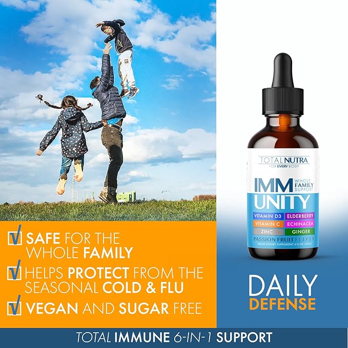 Total Immune 6-in-1 Liquid Multivitamin Supplement | 100% Daily Zinc, Vitamin D3, Vitamin C Immunity Drops Vitamin Liquid | Elderberry, Echinacea, Ginger Support for Adults & Kids | 4 oz Passion Fruit-SeraviaPure