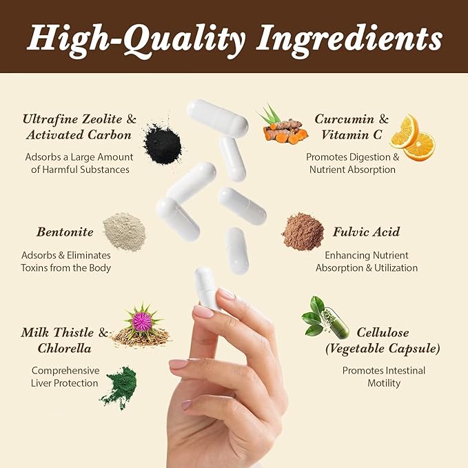 Zeolite Detox Capsules, Organic Activated Charcoal, Bentonite Clay, 1-2 µm Clinoptilolite, Maximum Absorption, Gut Liver Detox Cleanse Full Body for Women Men, 540 Capsules