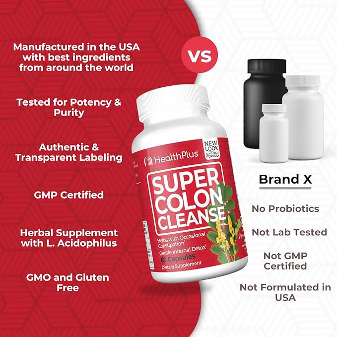 Health Plus Super Colon Cleanse 10 Day Gentle Gut Cleanse Detox, Psyllium Husk, Probiotics for Constipation Relief & Digestive Support, 60 Capsules-SeraviaPure