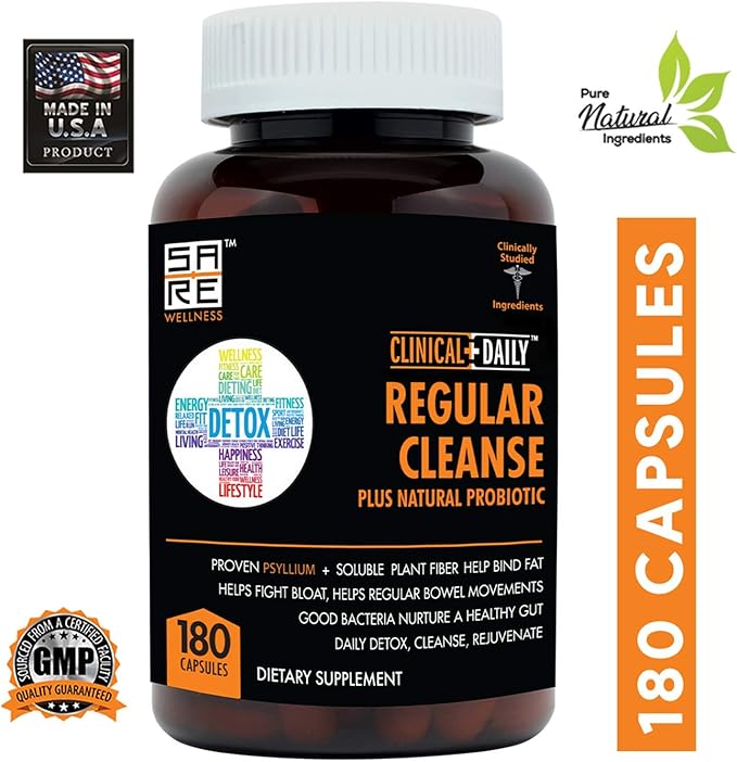 Clinical Daily Regular Cleanse Plus Natural Probiotic - Colon Cleanse & Gut Detox Supplement - Assists with Energy and Constipation Relief - Herbal Dietary Fiber Psyllium Husk Capsules - 180 Count-SeraviaPure